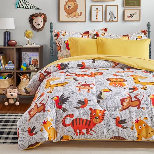 Kids Bed in a Bag Twin Size Orange Jungle Animals Comforter Set with Lions Tigers - Soft 6 Pcs Bedding Set (1 Comforter, 2 Pillow Shams, 1 Flat Sheet, 1 Fitted Sheet, 1 Pillowcases)