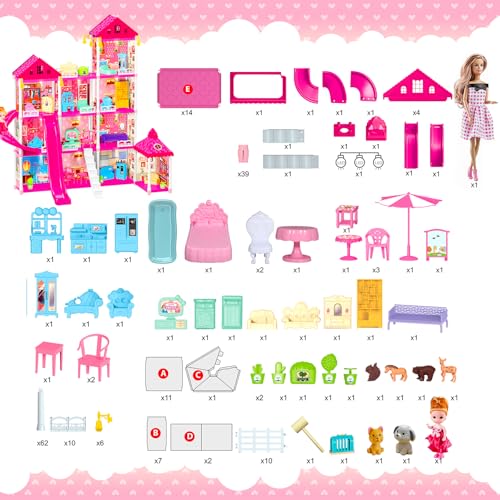 Image of 4-Story Doll House Large DIY Playhouse for Girls, Little Girl Dream House with Furniture, Animals Play Area & 2 Princesses Slide, Creative Construction Toy for Birthdays & Christmas