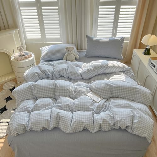 Image of mixinni Light Blue Gingham Duvet Cover Set Queen Size - 100% Washed Cotton 3 Piece Plaid Checkered Bedding Set, Soft Comfy Grid Farmhouse Comforter Cover with Zipper Closure & Corner Ties