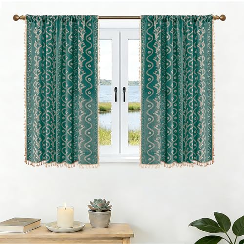 Image of Boho Curtains 45 Inch Long for Living Room, Bedroom, 2 Panels Floral Farmhouse Vintage Tassel Semi Sheer Light Filtering Privacy Window Curtain Drapes with Rod Pocket