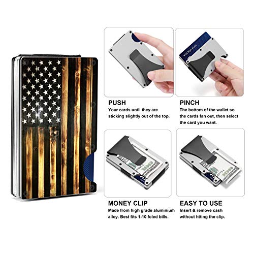 Minimalist Wallet For Men - Vintage Grain Wood American Flag - Front Pocket Money Clip - Slim Aluminum Credit Card Holder - Rfid Blocking Metal Wallet For Travel Business #TOP1