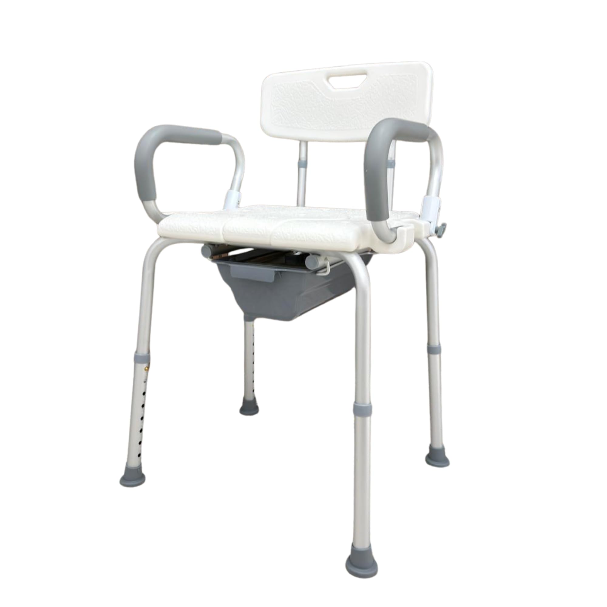 Sedia da Doccia e WC Comodo Multifunzione con Secchio - Regolabile in Altezza, in Alluminio, Braccioli sollevabili - per Anziani e Disabili - Dispositivo Medico Classe 1