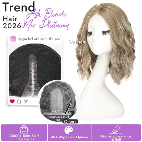 Image of Eawwii Ash Blonde Mix Platinum Short Wavy Wig for Women Lace Hairline Bob Style Synthetic Heat Resistant - Natural Appearance for Everyday Hairstyle 14 Inch