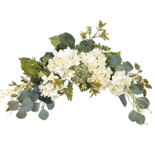 Artificial Swag Hydrangea Flower 28 Inch, White Spring Decorative Swags with Green Leaves for Home Room Front Door Wedding Arch Garden Party Tabletop Wall Decor