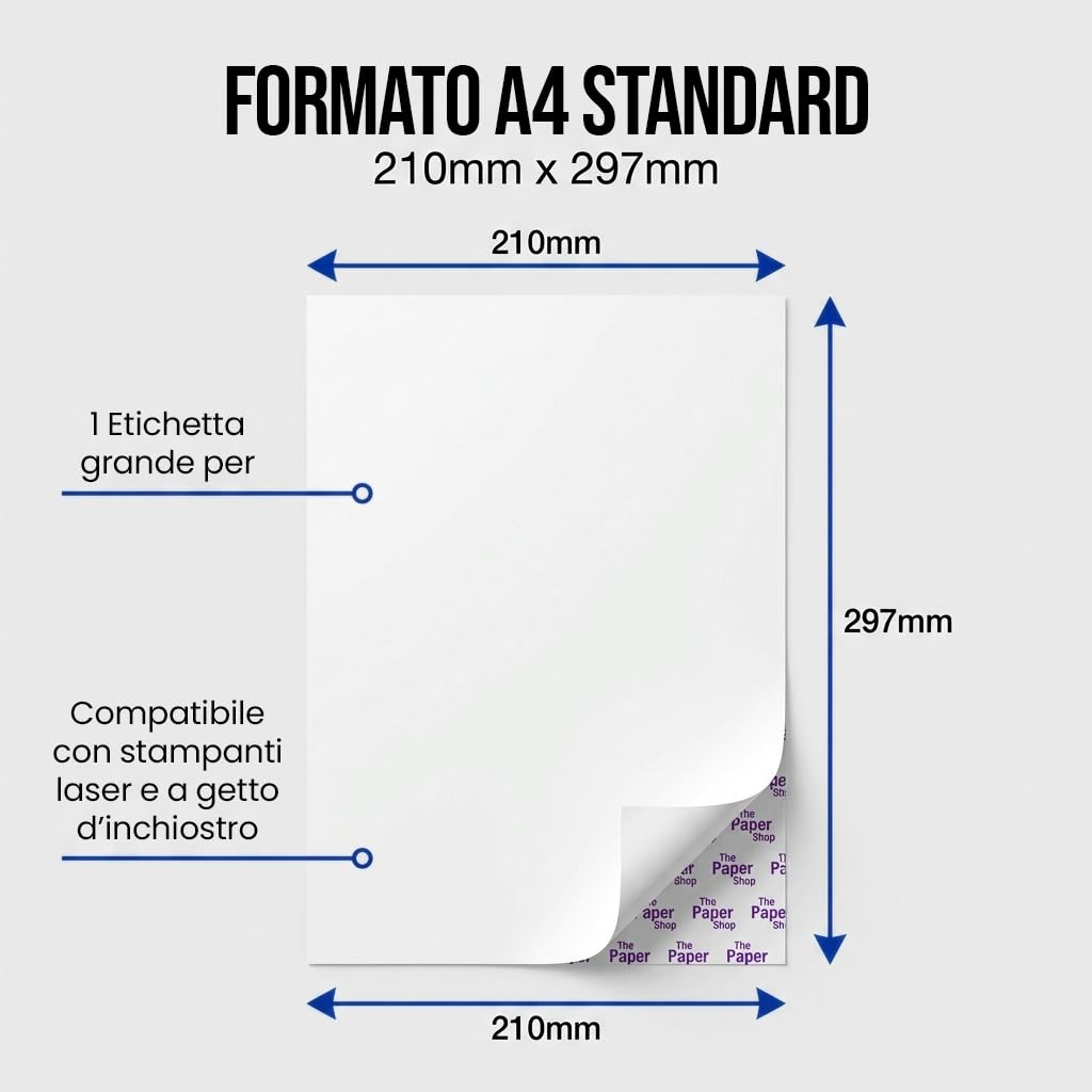 Carta adesiva A4, 1 per foglio, 500 etichette autoadesive per stampanti laser e a getto d'inchiostro, carta bianca per etichette A4 per indirizzi, spedizioni, Logistica di Amazon The Paper Shop