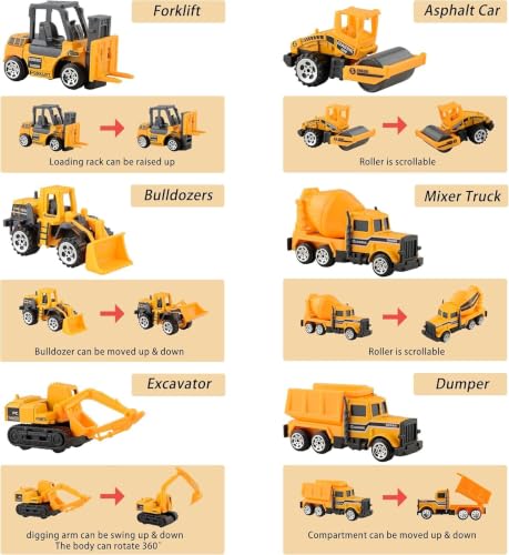 Image of Mini Construction Vehicle Toy Set for Kids - 6 PCS Free Wheel Engineering Trucks with Excavator, Bulldozer, Forklift, Dumper, Road Roller & Cement Mixer, Educational Toys