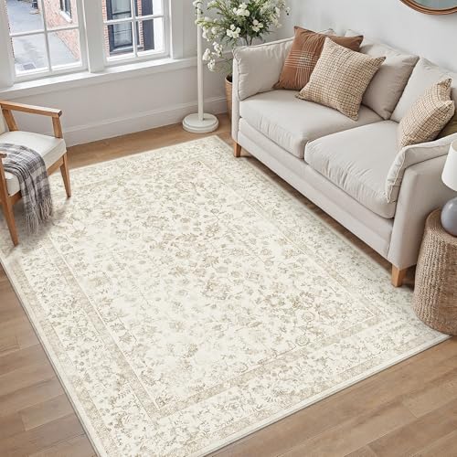 Image of PureCozy Washable Beige Rugs Living Room 120x170cm Vintage Floral Area Rug Non Slip Distressed Bedroom Kitchen Office Dining Room Door Mat Indoor, Traditional Boho Low Pile Carpet