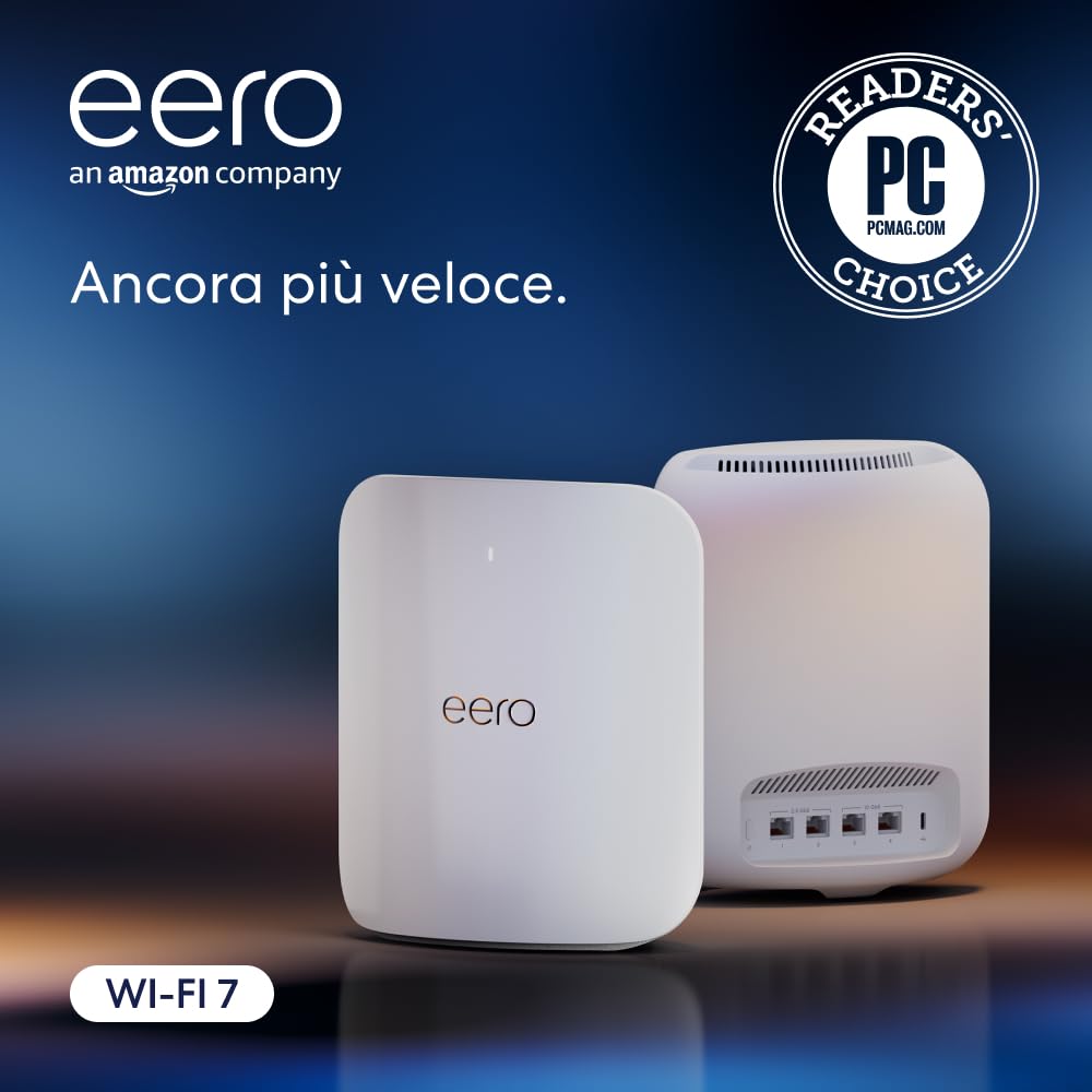 Router wi-fi mesh Amazon eero Max 7 | Ethernet 10 Gbps | Copertura fino a 460 m² | Connette più di 500 dispositivi | Ideale per il gaming | Confezione da 2 | Ultima generazione