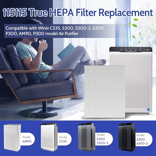 Lot de 4 filtres de rechange C535 compatibles avec Winix C535 pour purificateur d'air Winx PlasmaWave 5300-2, C535, P300, 6300-2, 5300, 9000, filtres HEPA H13, remplace les filtres 115115 taille 21 A,