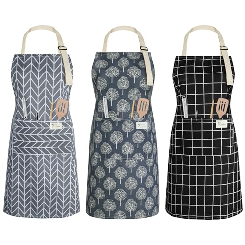 Vicloon Delantal de Cocina Ajustable, 3pcs Delantal de Cocina Unisex Adulto Impermeable con Bolsillos,Delantal Antiincrustante de Mujeres, Hombre y Pareja para cocinar