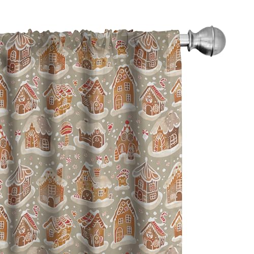 Ambesonne Christmas Curtains, Xmas Season Theme with Ginger House and Candy Trees Cookies Illustration, Window Treatments 2 Panel Set for Living Room Bedroom, Pair of - 28" x 95", Cinnamon and Beige