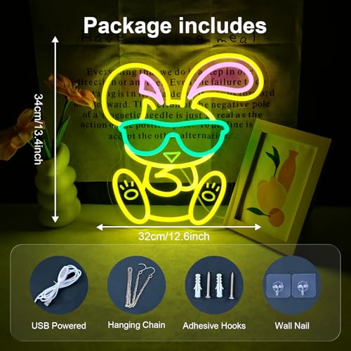 Image of Wearing Sunglasses Bunny Neon Sign, Rabbit Neon Bunny Dimmable Cute LED Neon Light for Animal Wall Bar Club Bedroom Windows Glass Hotel Decor, Room Neon Sign 13x12 inch