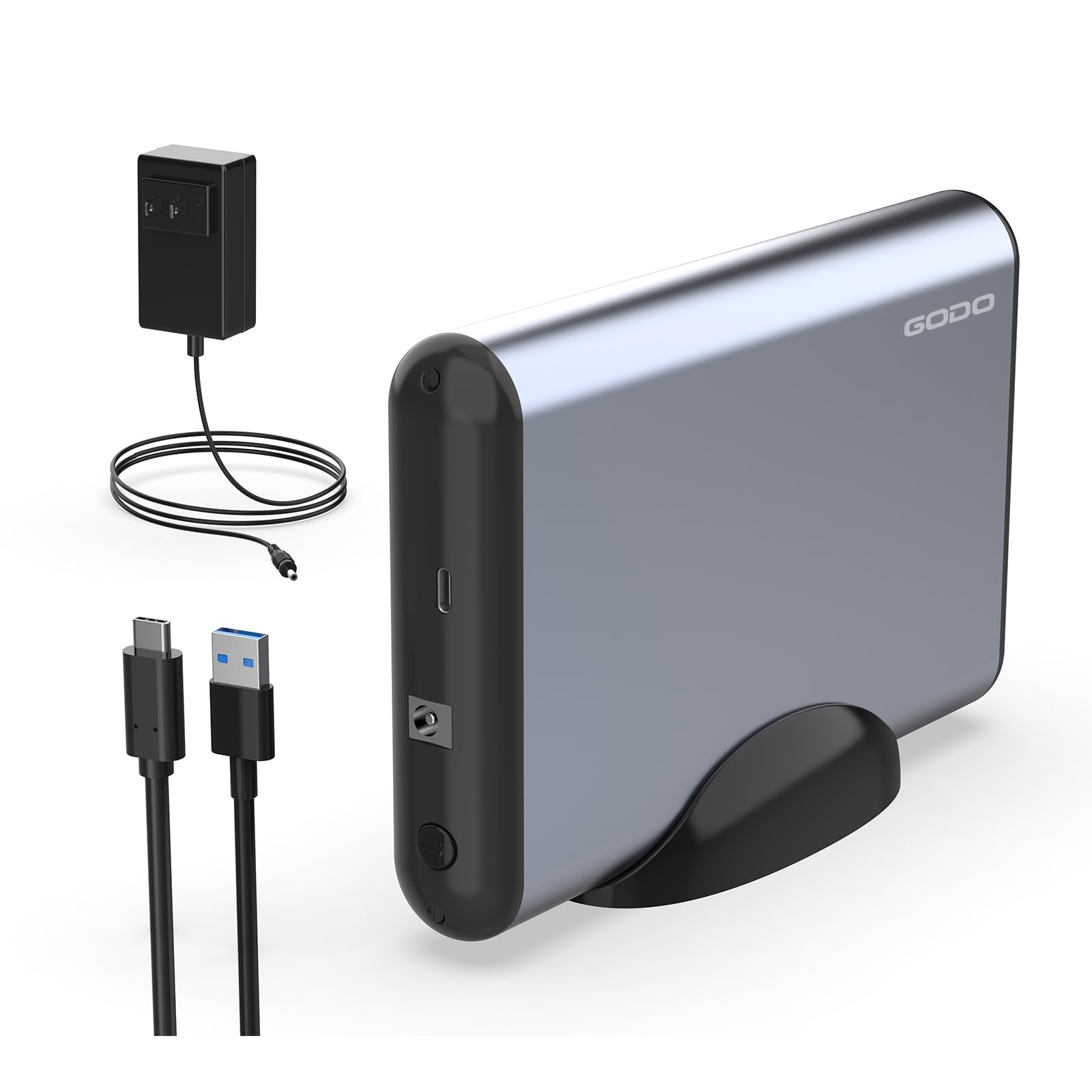 GODO Boîtier de disque dur externe 3,5" 2,5 3,5" SATA HDD USB 3.0 vers aluminium HDD avec support, prise en charge UASP, adaptateur d'alimentation 12 V de type C 18 To-gris, peut prendre en charge une