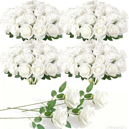 Cherica 100Pcs White Roses Artificial Flowers with StemsFake Roses Bouquet Fake Flowers BulkSilk Velvet Roses for Wedding Centerpieces Arrangement Baby Shower Birthday Home Decor Gifts