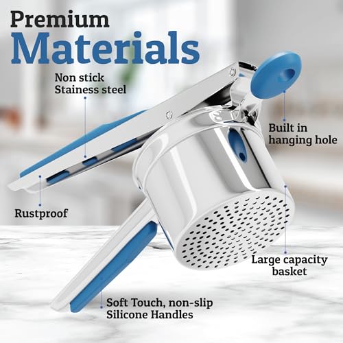 Image of PriorityChef Large 15oz Potato Ricer, Heavy Duty Stainless Steel Potato Masher and Ricer Kitchen Tool, Press and Mash Kitchen Gadget For Perfect Mashed Potatoes - Everytime, Blue