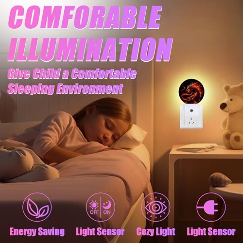 Image of Red Dragon Night Light LED Lamp Round Plug into Wall Nightlight with Dusk to Dawn Sensor Home Hallway Stairway Kitchen Decor