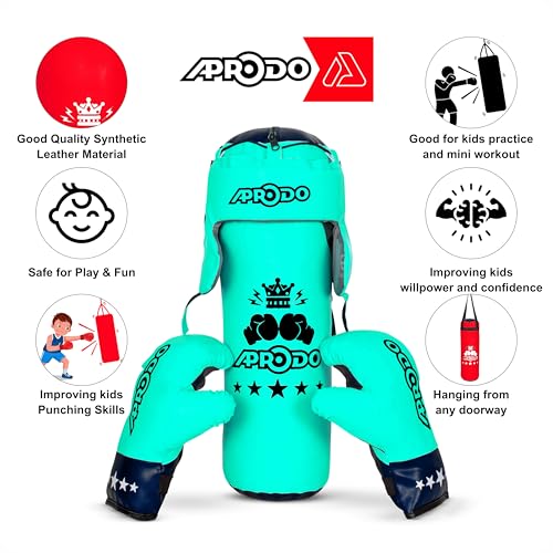 Image of Aprodo Pack of 4 Kids Boxing Kit Set | Punching Bag for Karate | Bounce-Back Martial Arts Bag for Boys & Girls for Age 3 4 5 6 7 8 Years to Relieve Energy and Build Skills (Green-Black)