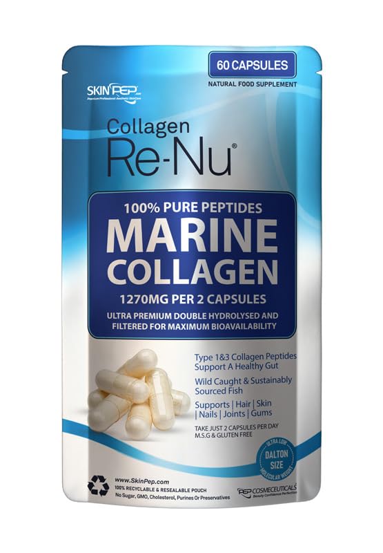 100% Pure Marine Collagen (60 Capsules) - 1270mg (Not Collagen Powder) - 1 Month Supply - Collagen Supplements for Women & Men - Premium Double Hydrolysed Triple Filtered Type 1&3 Peptides by SkinPep