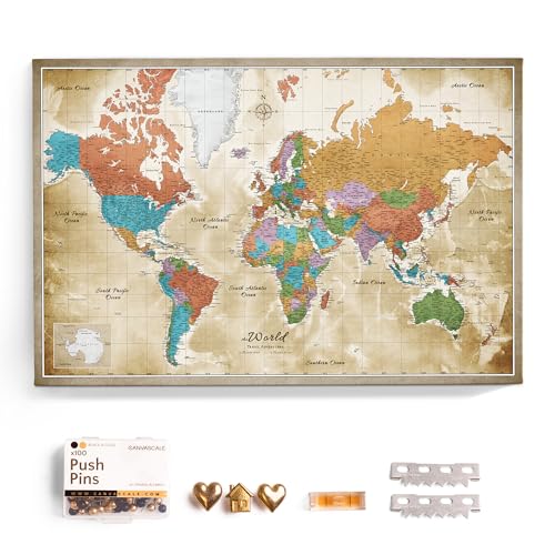 Canvas World Map with Cork Pin Board - English Lettering - Decorative Wall Decoration for All Rooms - Canvas Pictures with World Map Motif (70x50 cm Pattern 3)