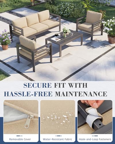 Image of AECOJOY Aluminum Patio Furniture Set, 5 Seats Modern Outdoor Furniture with Coffee Table, 4 Pieces Metal Conversation Sectional Sofa, Beige