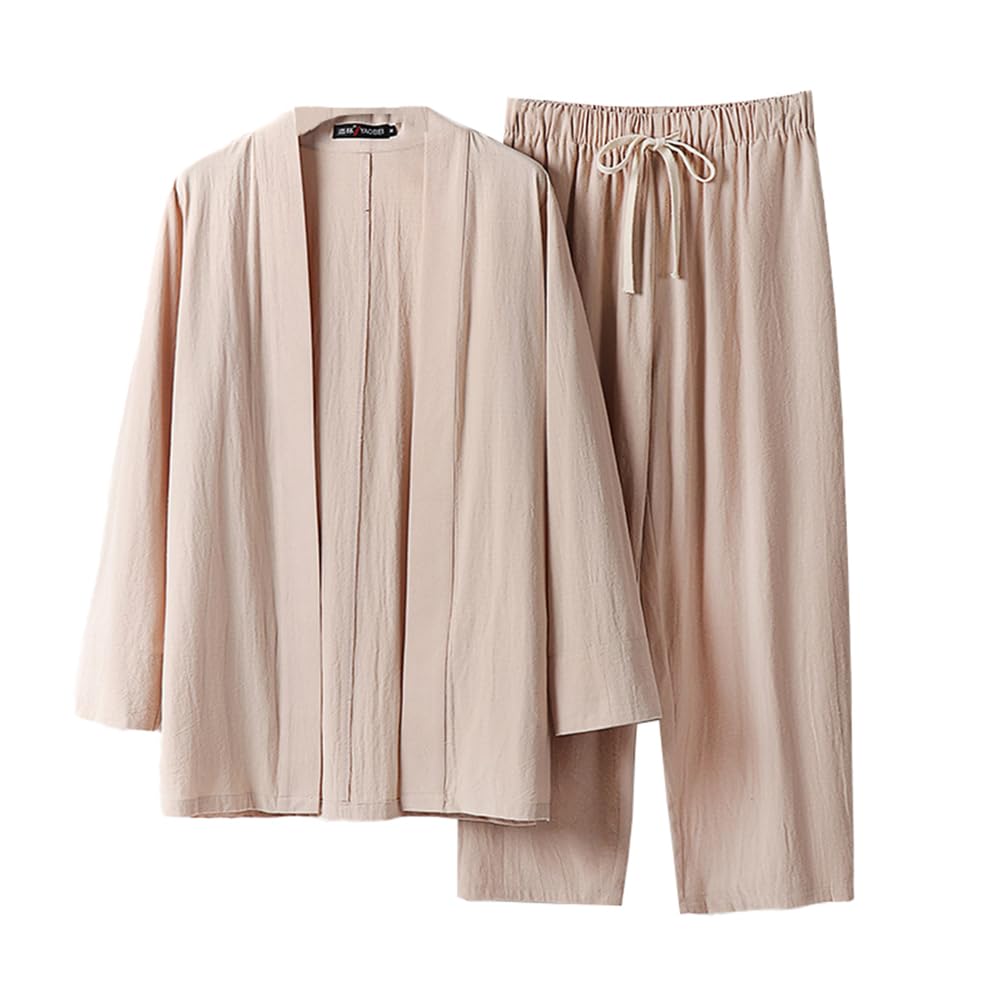 TIANQIHAO Summer Two-Piece Suit Cotton Bathrobe Pajamas Kimono Bathrobes Sleepwear Plus Size Pjs Set With Pockets,Apricot-Large