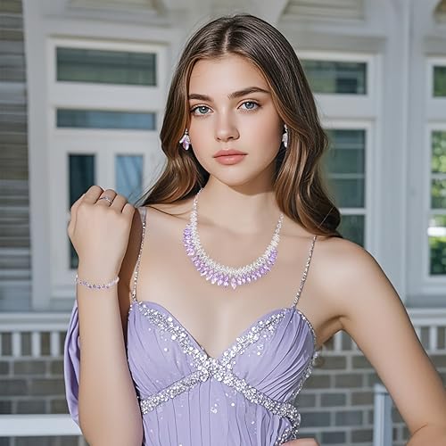 Oriamour Bridal Jewelry Set with Marquise Cut Crystal Necklace Earrings Bracelets (Silver Purple) by Oriamour - Used condition - Image 4