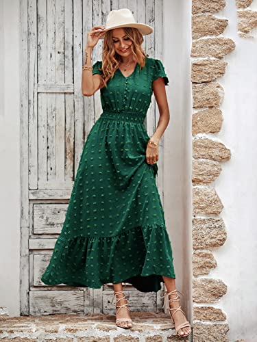 Image of PRETTYGARDEN Womens Dresses 2026 Summer Maxi Dress Boho Short Sleeve V Neck Swiss Dot Ruffle Tiered Smocked Flowy Long Dress