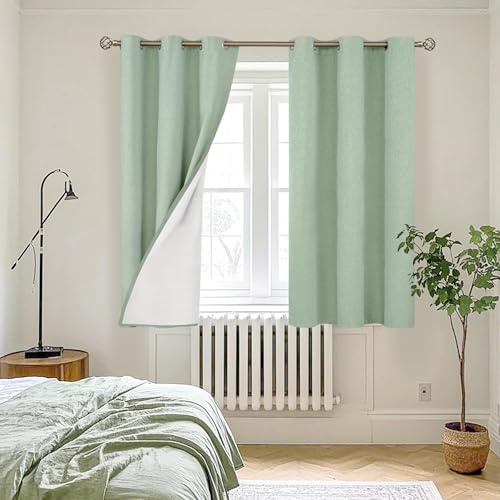 Image of YoungsTex 48 Inch Length 100% Blackout Curtains for Bedroom, Full Room Darkening Thermal Insulated Drapes with Grommet for Short Living Room Window, Light Green, 2 Panels, 42 X 48 Inch