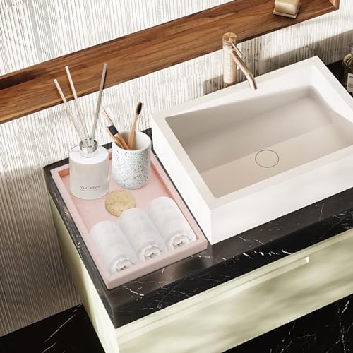 Image of Real Natural Marble Tray for Bathroom, Vanity, Kitchen and Desktop, Rectangle Genuine Marble Stone Tray for Jewelry, Cosmetics, Candles, Lotion, Perfume (Pink, 12 inch x 8 inch x 1.2 inch)