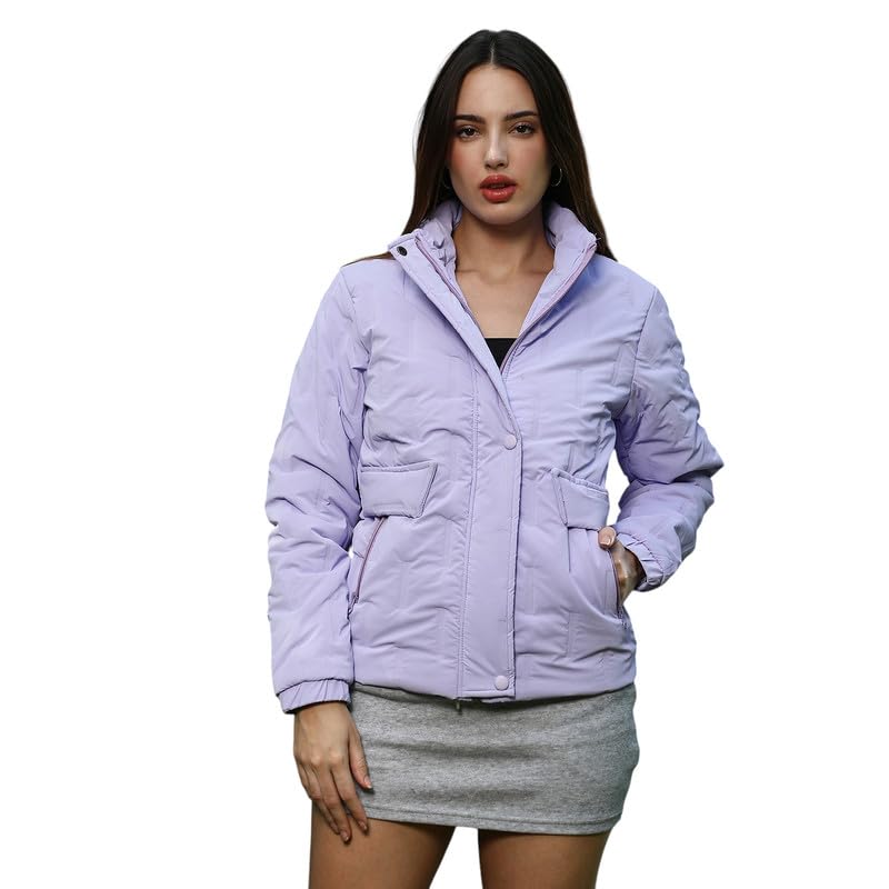 pinacolada Women's Lilac Bar-Quilted Puffer Jacket For Casual Wear | High Neck | Long Cuffed Sleeves | Zipper Closure | Jacket Crafted With Comfort Fit For Everyday Wear-picture-14