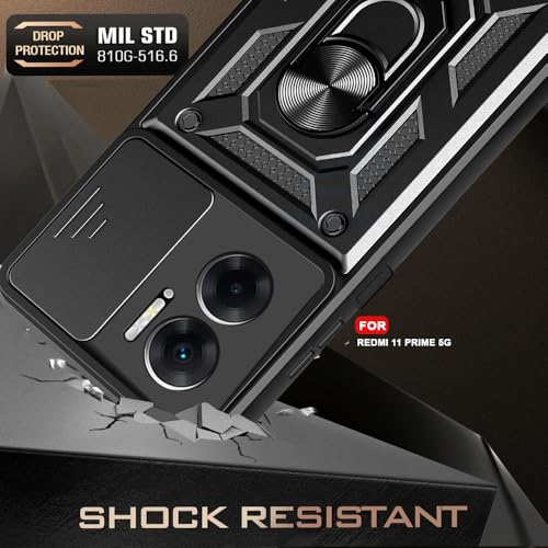 Image of AESTMO Tough Armor Redmi 11 Prime 5G Bumper Back Case Cover | Ring Holder & Sliding Camera Shield Cover | 360 Degree Protection Back Case Cover for Redmi 11 Prime 5G (Black)