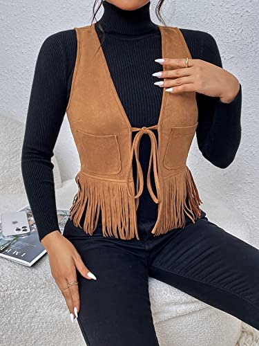 Wdirara Women's Fringe Hem Tie Front Sleeveless Faux Suede Tank Top Solid Vest Coat Brown S #TOP2