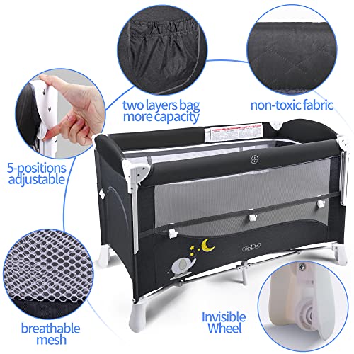 Portable Baby Playard, 4 In 1 Convertible Pack And Play With Bassinet, Nursery Center With Comfortable Mattress, 5 Height Adjustable Bedside Crib Grey #TOP4