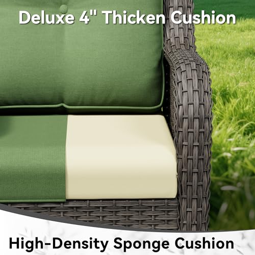 Image of 4-Piece Outdoor Couch Set, Includes Wicker Patio Sofa with Thickened Olefin Cushions, High Back and Deep Seating, Hand-Woven PE Rattan and 2 Ottomans, 1 Coffee Table for Porch, Deck