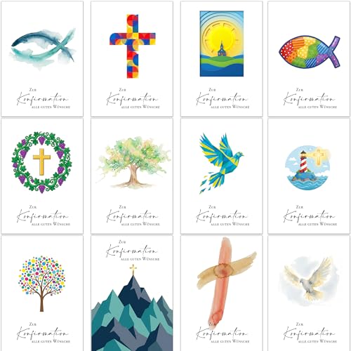 Konfirmationskarten Set 12 Stück moderne Karten zur Konfirmation mit 12 hellen Aquarell Designs A6 Klappkarten 300gsm Perlglanz Karton mädchen jungen junge