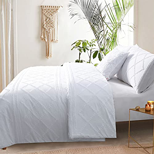Yinfung White Duvet Cover Queen Tufted Boho Textured Diamond Shabby Chic Farmhouse Moroccan Clipped Fringed Bohemian Jacquard Bedding Set 90X90 #TOP1