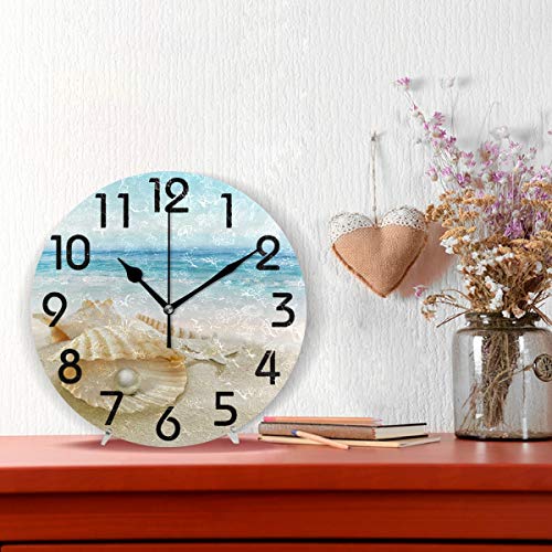 Naanle 3D Stylish Beautiful Summer Beach Seashell With Big Pearl Print Round Wall Clock Decorative, 9.5 Inch Battery Operated Quartz Analog Quiet Desk Clock For Home,Office,School #TOP1