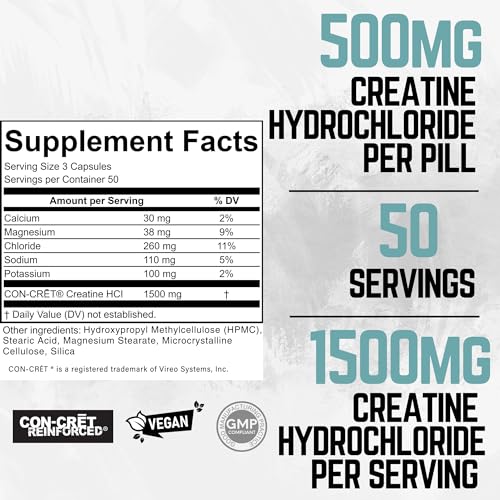 Ketostat Creatine HCL Capsules 50 Serv/1.5G Clinical Dose Creatine Pills (Hydrochloride) High Absorption Creatine Pills for Muscle Building Men & Women, Creatin Tablet