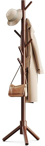 Pipishell Sturdy Wooden Coat Tree with 8 Hooks, 3 Adjustable