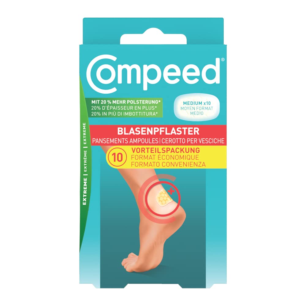 Compeed Extreme Cerotti per vesciche medie o grandi. Lunga durata e resistenti all'acqua. Struttura a nido d'ape offre il 20% in più di imbottitura, 10 Cerotti. Pack 100% plastic free