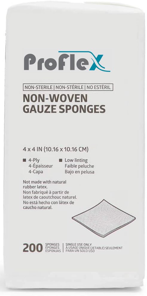 PRO FLEX Non-Woven Non-Sterile, Espuma de Gasa de Rayón/Poliéster, 4 x 4, 4 Capas (10 Paquetes de 200)