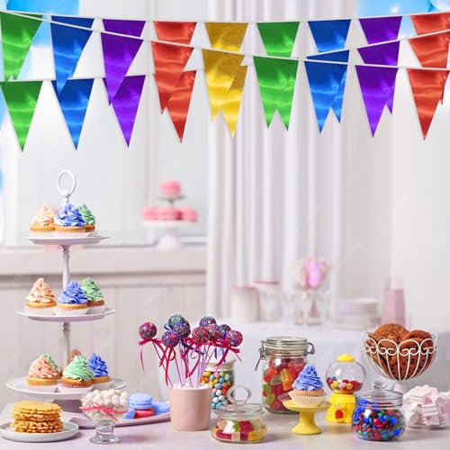 Image of 40M /130FT Colorful Triangle Pennant Banner Flag Metallic Fabric Bunting Garland for Christmas Graduation Birthday Wedding Engagement Bachelorette Holiday Halloween Celebration Hen Party Supplies