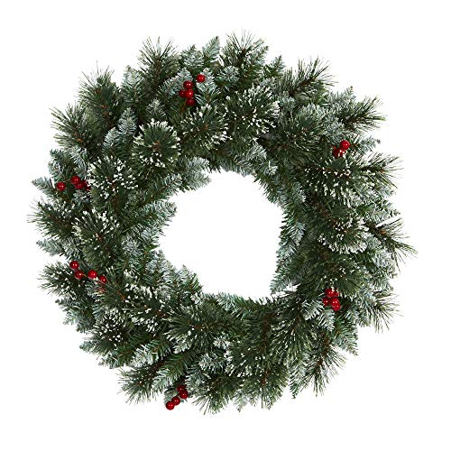 Nearly Natural 24In. Frosted Swiss Pine Artificial Wreath With 35 Clear Led Lights And Berries, Green #TOP2