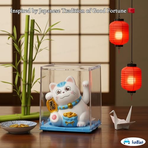 Image of FunBlast Maneki Neko Lucky Cat, Waving Arm Solar Powered Good Luck Wealth Welcoming Display Car Decor Paw Up with Arm, Decor Item for Home, Office and Car (Blue)