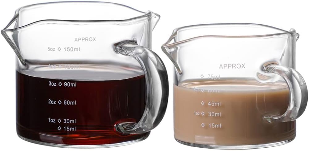 2pcs Glass Measuring Cup High Borosilicate Beaker Double Spout Graduated Pitcher Jug Mixing Mug with Scales for Laboratory Kitchen Baking Party Coffee 150ml 75ml Cups (As Shown)