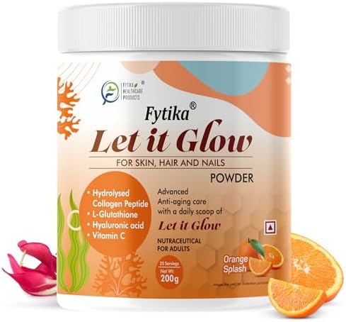 Fytika Let It Glow 200G (Orange, Pack of 1) Marine Collagen Supplement for Men & Women|L- Glutathione, Vitamin C, Sesbania Agati Extract|Promotes Healthy Skin, Hairs and Nails