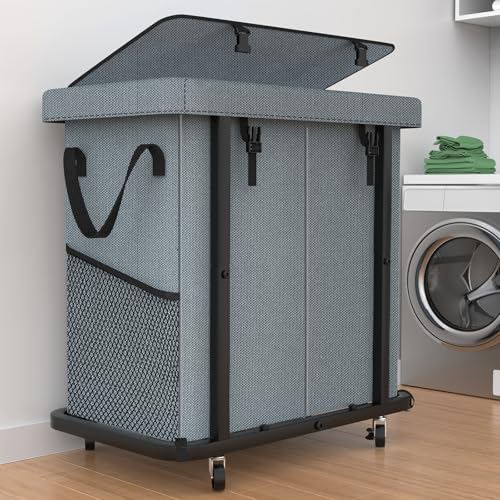 50 Gal(190L) High Grade Large Laundry Basket with Wheels, Rolling Laundry Hamper, Laundry Cart with Metal Frame and Removable Bag Design, Suitable for Laundry Room, Bedroom (Grey, 2 Section 190L)