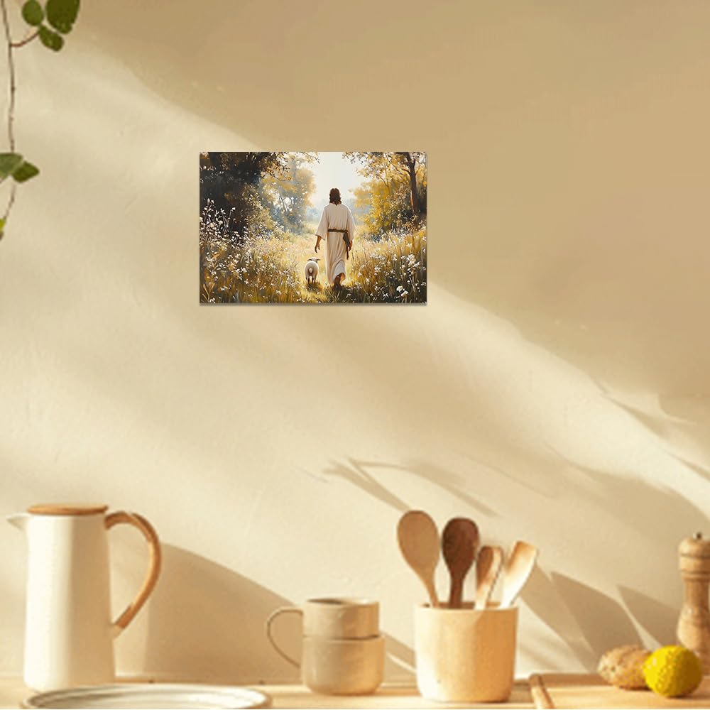 ZQQART Jesus Leinwandbild Jesus mit dem verlorenen Lamm Gemälde Vintage religiöse Wanddekoration gerahmt christlicher Kunstdruck für die Kirche(Gelb,40x60cm)