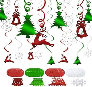 30 Pcs Christmas Ceiling Decorations, Christmas Hanging Swirl Decoration, Christmas Hanging Decorations with Snowflake, Christmas Tree, Elk, Jingle Bell for Xmas Theme Party Decorations