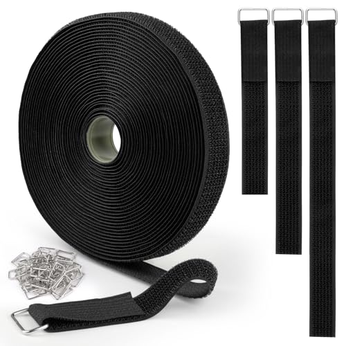 Opvixi Hook and Loop Straps 1inch x 32ft with 50 Metal Buckles, Cut to Length Cinch Straps Heavy Duty, Adjustable Fastening Cable Straps, Reusable Nylon Securing Cord Ties for Organizer, Black